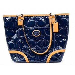 Coach F22322 Navy Blue Embossed Signature Patent Leather Tote Shoulder Bag